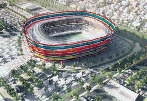 Le stade Al-Gharafa aura une capacité de 44’740 personnes. Sa façade sera composée de rubans représentant les nations qui seront qualifiées en 2022. dr Le stade Al-Gharafa aura une capacité de 44’740 personnes. Sa façade sera composée de rubans représentant les nations qui seront qualifiées en 2022. dr