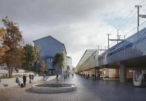 Deux vues de la future zone aménagée derrière la gare, entièrement fermée au trafic automobile. MONNIER ARCHITECTURE DU PAYSAGE