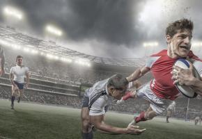 Le rugby un sport de brut pratiqué par des gentlemen? stock Le rugby un sport de brut pratiqué par des gentlemen? stock