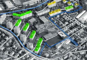 Le plan de quartier prévoit de rehausser les bâtiments de un étage (en jaune) ou de deux (en vert). Le plan de quartier prévoit de rehausser les bâtiments de un étage (en jaune) ou de deux (en vert).