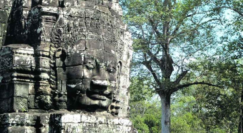 Divinité rupestre à l’ombre d’arbres centenaires.