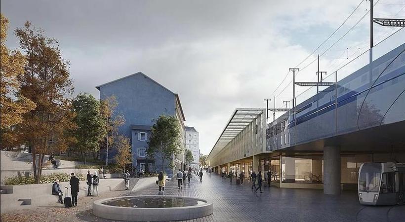 Deux vues de la future zone aménagée derrière la gare, entièrement fermée au trafic automobile. MONNIER ARCHITECTURE DU PAYSAGE