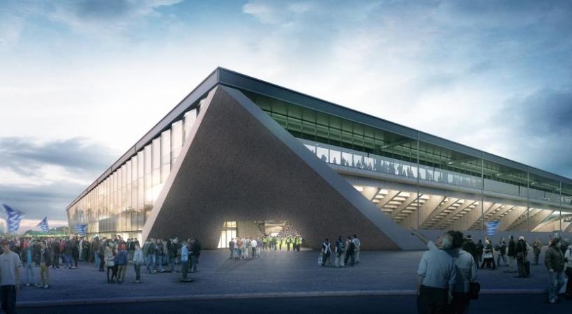  Malgré un budget qui plonge dans le rouge, le stade de foot de La Tuilière devrait être construit. DR/photomontage