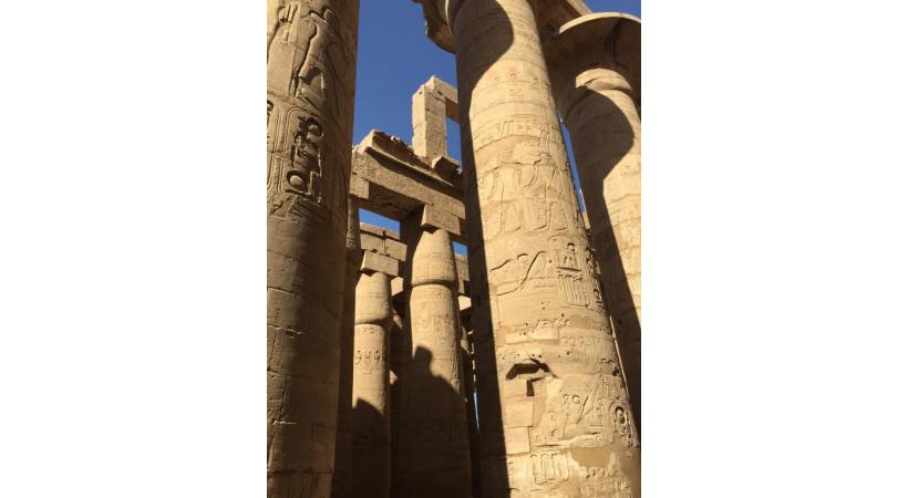 Les épaisses colonnes finement décorées de Karnak. 