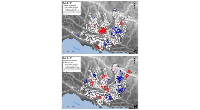 Les zones rouges représentent les quartiers où la virulence de la somnolence diurne est associée au bruit nocturne, donc où on dort particulièrement mal. DR