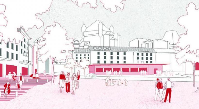 Le projet de Silvia Gonzalez Porqueres propose une place de la Riponne sans voitures et avec de nouveaux accès piétonniers avec des arbres ainsi que des espaces de jeu, des terrasses et diverses activités. DR
