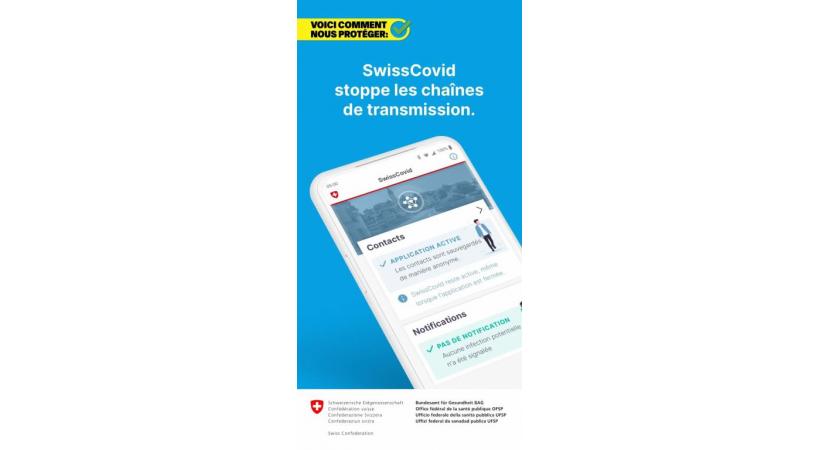 L’applicaiton SwissCovid téléchargeable sur l’Apple Store et Google Play Store. En médaillon, Isabelle Chevalley. DR